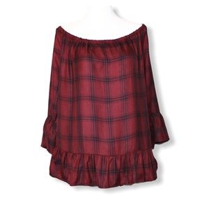 BB Dakota Off-Shoulder Relax Fit Plaid Blouse